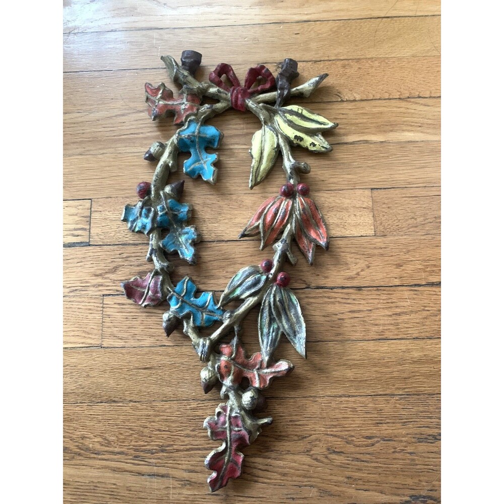 Vintage Metal Wall Art Leaves Berries With Bow Christmas Decorative Heavy Frame